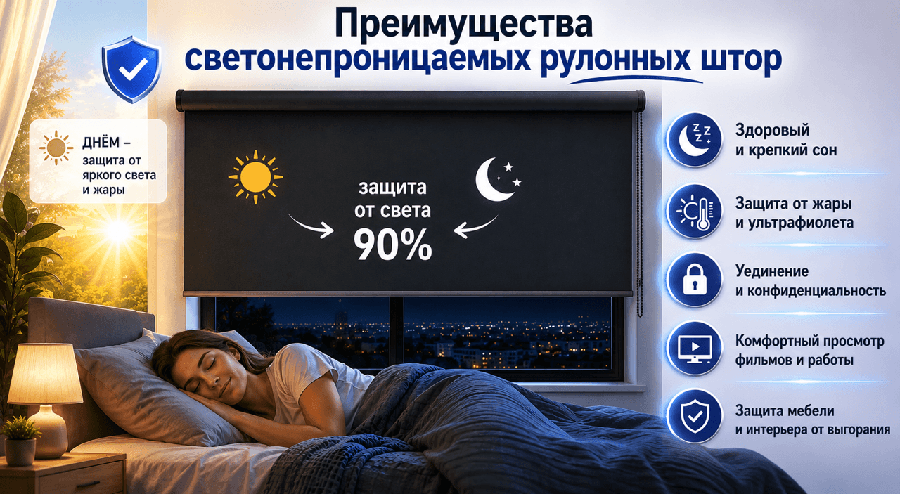 Преимущества светонепроницаемые рулонные шторы на окна